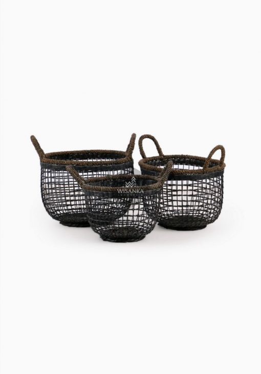 Syme Rattan Abaca Basket B - Black Wash Set
